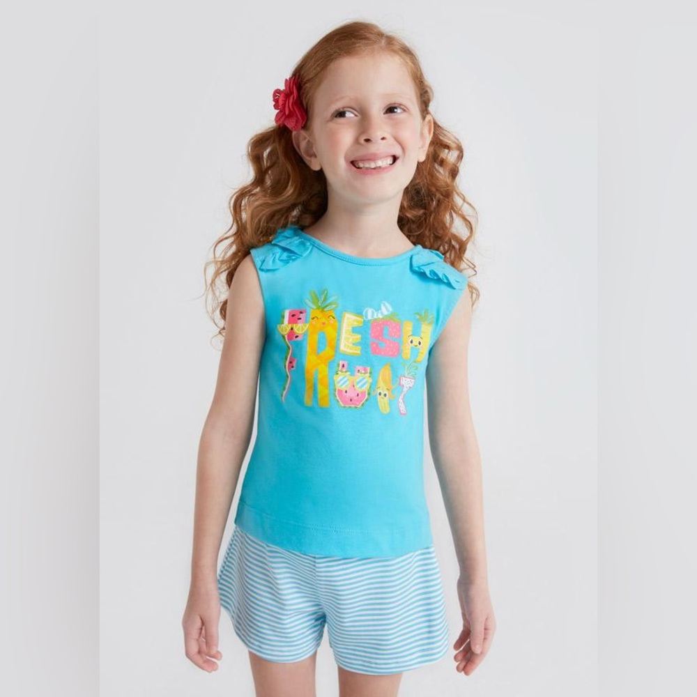 Size 6 Girls Mayoral Blue Graphic Tank Top with Ruffle Shoulders
